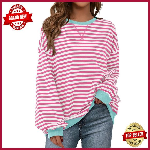 Tops - Oversized Striped Sweatshirt Crewneck Pullover Long Sleeve Loose Fit